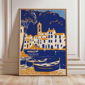 Mediterranean Village Poster, Coastal Boat Wall Art Print, Blue and Yellow Seaside Decor, European Travel Artwork, Unframed Coastal Scene