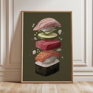 以下が含まれることがあります： 寿司の構成要素をスタイリッシュに描いた、額入りのアートプリント。サーモン、マグロ、アボカドなど、ご飯、魚、野菜の層が、濃い緑色の背景に描かれています。このアートワークは、テクスチャード加工された絵画風のスタイルです。