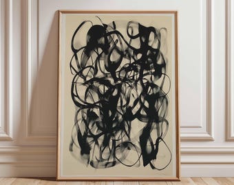 Art abstrait noir et blanc, peinture à l'encre moderne, coup de pinceau audacieux, impression d'art contemporain, art mural expressionniste