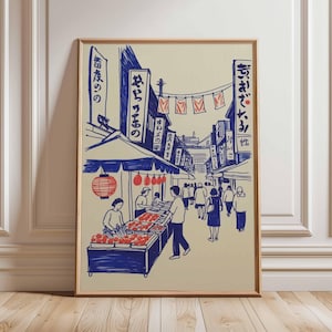 Tokyo Street Market Poster – Japanese Wall Art, Tokyo Travel Print, Vintage Japan Illustration, Asian Market Scene Artwork for Home Decor