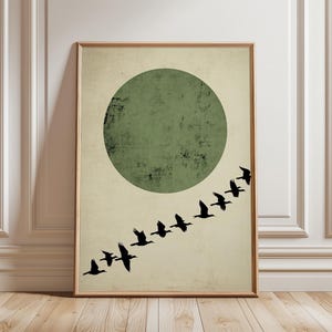 Bird Flock Poster, Minimalist Nature Print, Green Sun Wall Art