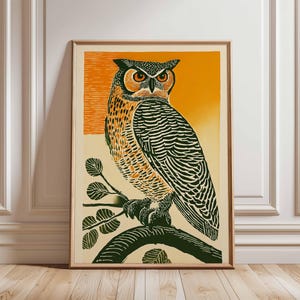 Great Horned Owl Wall Art, Bold Orange Green Bird Print, Linocut Style Owl Poster, Woodland Animal Decor