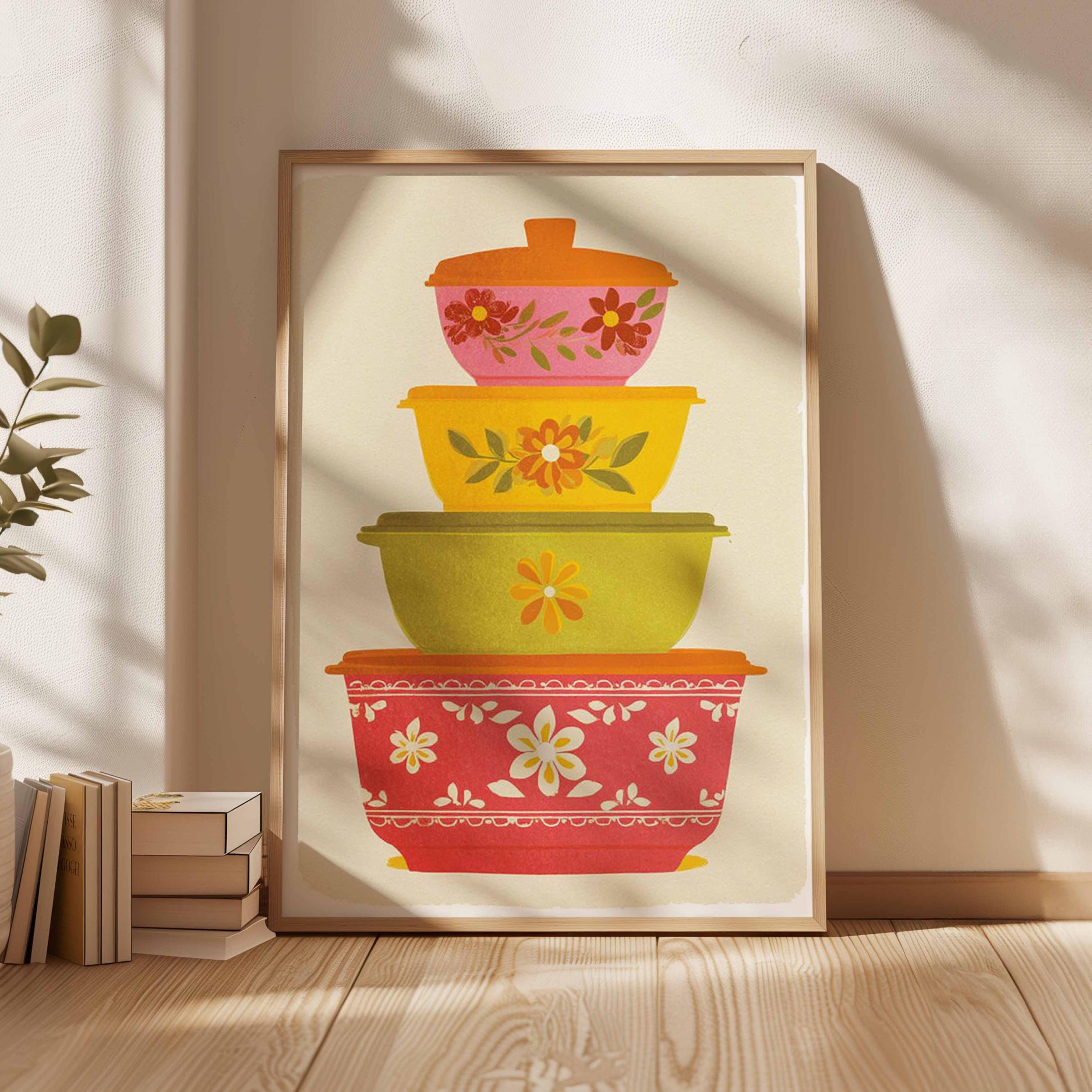 Retro Pyrex Poster, Mid Century Kitchen Wall Art, Vintage Bowl Stack ...