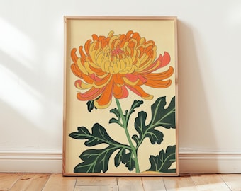 Orange Chrysanthemum Print, Botanical Wall Art, Vintage Flower Poster