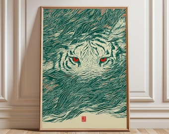 Abstract Tiger Face Poster, Japanese Linocut Animal Wall Art, Green Print