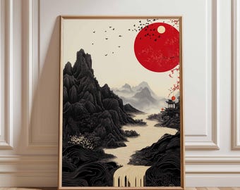 Red Sun Japanese Landscape Wall Art, Minimalist Oriental Mountain
