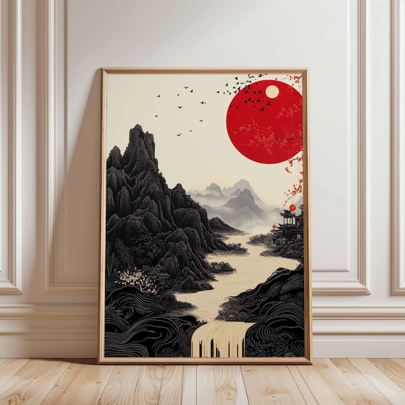 アートポスターダイアン・ロマネロ＜EVENING　SUN＞ Red Sun Japanese Landscape Wall Art, Minimalist Oriental Mountain