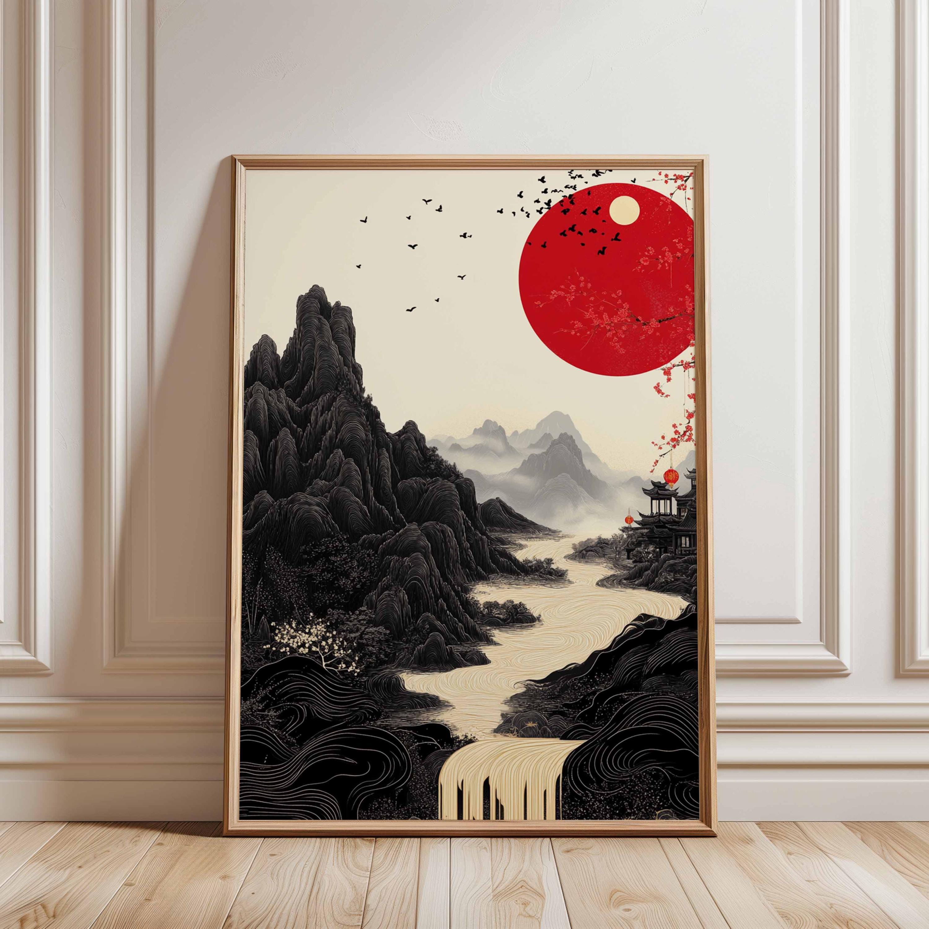 Red Sun Japanese Landscape Wall Art, Minimalist Oriental Mountain
