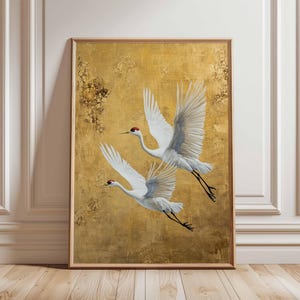 Poster Crane Birds – Gru volanti in oro e bianco, stampa d'arte asiatica, elegante arte murale con uccelli, decorazione giapponese con gru, poster sulla natura