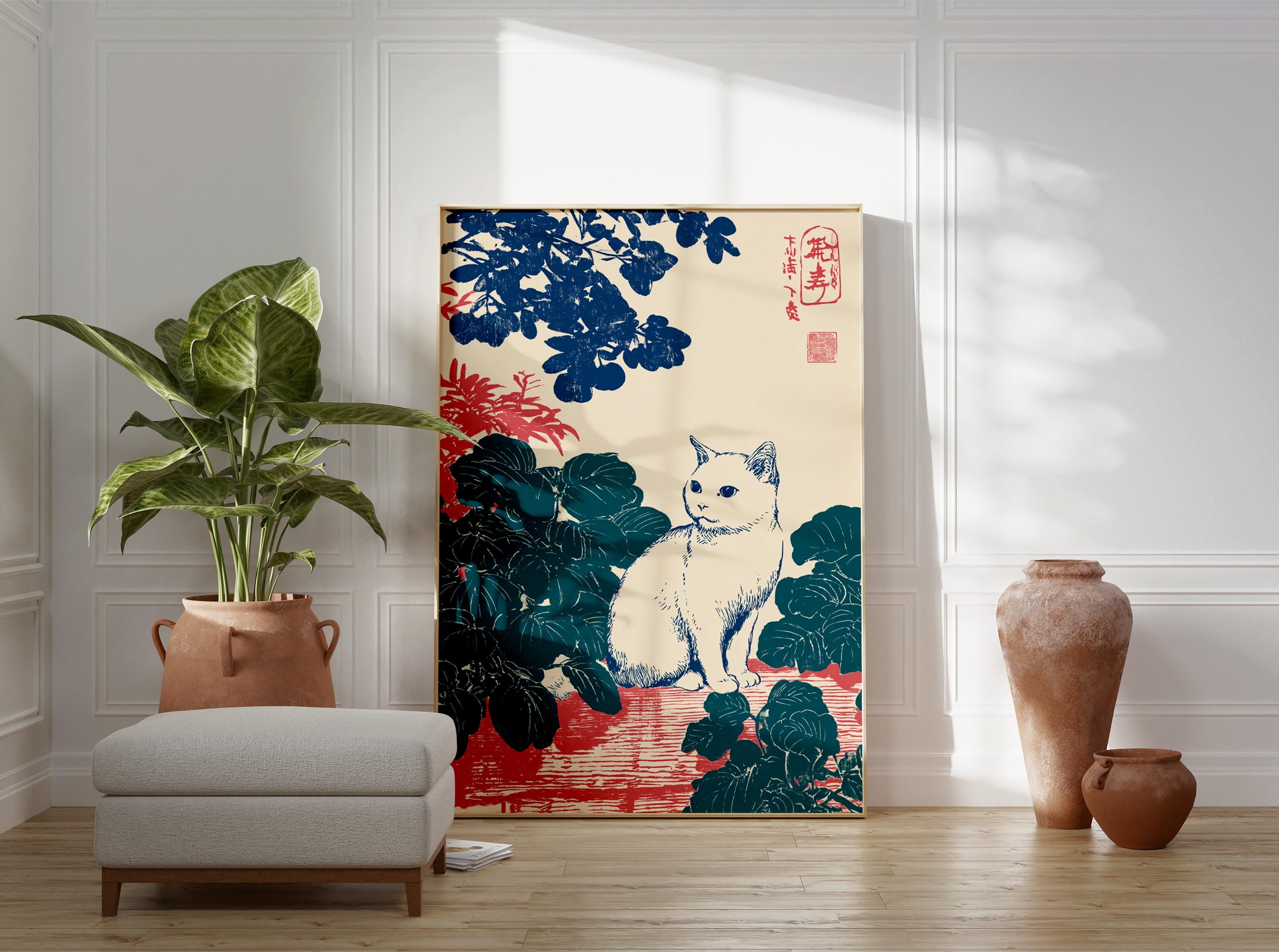 Japanese Cat Wall Art Poster Minimal Animal Nature Print Neutral Red ...