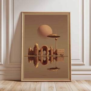 Puede incluir: Impresión artística enmarcada que representa un paisaje urbano arquitectónico estilizado en tonos marrones y dorados. La obra de arte incluye una gran esfera y una estructura alta y futurista. La imagen se refleja en el agua, creando una composición simétrica.