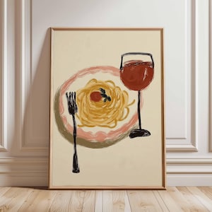 Pasta and Wine Wall Art Print, Whimsical Italian Kitchen Poster, Minimalist Spaghetti and Red Wine Illustration, Quirky Foodie Decor