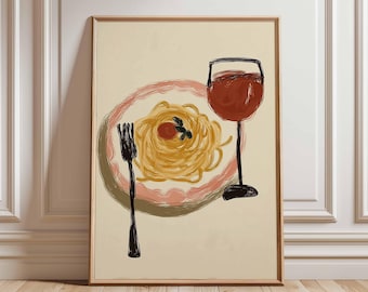 Pasta and Wine Wall Art Print, Whimsical Italian Kitchen Poster, Minimalist Spaghetti and Red Wine Illustration, Quirky Foodie Decor