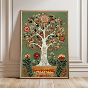 May include: A framed art print featuring a stylized tree with a white trunk and branches, adorned with colorful flowers in shades of red, orange, and yellow. The tree sits in a decorative pot against a green background.