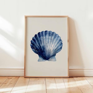 Blue Seashell Wall Art Print Watercolor Coastal Beach Decor Ocean Shell Poster Nautical Bathroom Design Unframed Marine Style