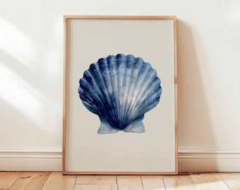 Blue Seashell Wall Art Print Watercolor Coastal Beach Decor Ocean Shell Poster Nautical Bathroom Design Unframed Marine Style