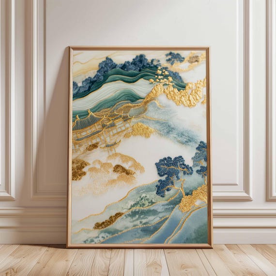 風景画 金色フレーム付き Golden Japanese Landscape Wall Art, Abstract Oriental Poster