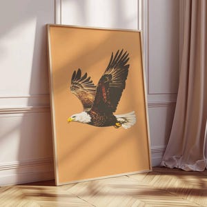 May include: A framed print featuring a soaring bald eagle with outstretched wings. The eagle has brown and white feathers, a yellow beak, and is set against a peach-colored background. The frame is a light wood color, and the print is leaning against a white wall.