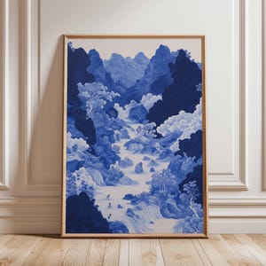 Blauwe Chinese landschapsposter, traditionele bergkunst, rivier- en watervalprint, blauw-witte natuurkunst, landschap met Chinese inkt