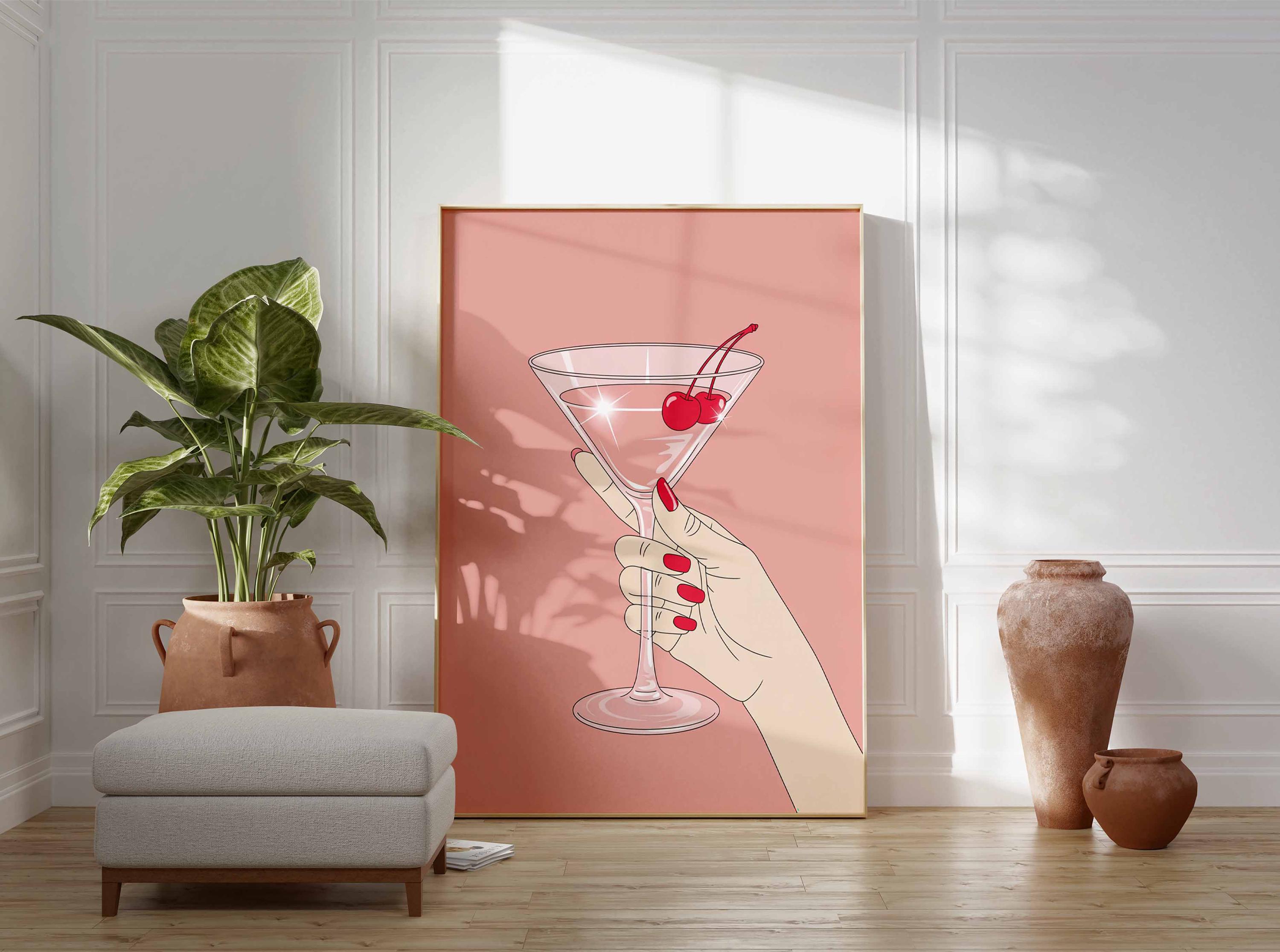 Cherry Cocktail Poster, Feminine Bar Wall Art, Retro Martini Glass