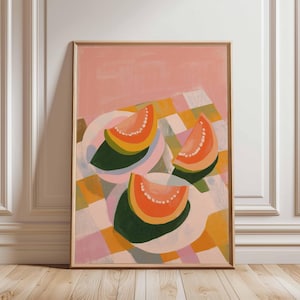 Watermelon Wall Art, Summer Fruit Print, Colorful Gingham Kitchen Poster, Pink Food Print, Modern Fruit Art, Playful Picnic Wall Decor