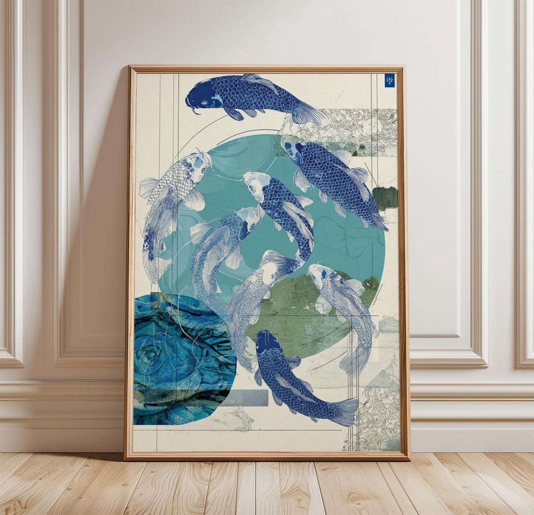 Koi Fish Poster | Japanese Inspired Wall Art | Blue Ocean Circle Print ...