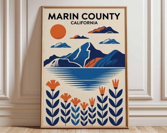 Marin County California Landscape Art Poster, Mid Century Graphic Art, Travel Mountain Wall Decor Unique Gift