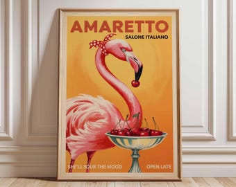 Amaretto Flamingo-affisch, vintage italiensk cocktailkonsttryck, retro barväggdekor, rosa fågelillustration, affisch för körsbärsdryck i köket
