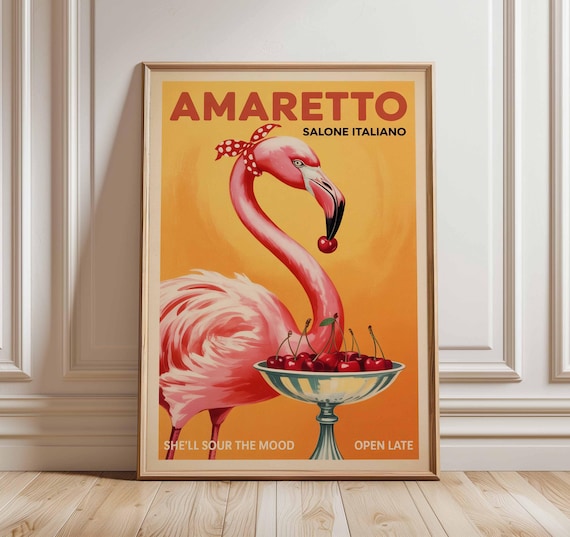 Amaretto Flamingo Poster, Vintage Italian Cocktail Art Print
