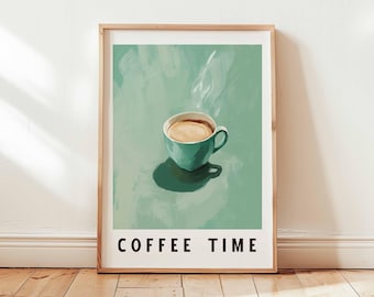Coffee Time Poster Print, Retro Cafe Wall Art, Latte Art Kitchen Decor, Minimalist Coffee Bar Artwork, Unframed Mid Century Style
