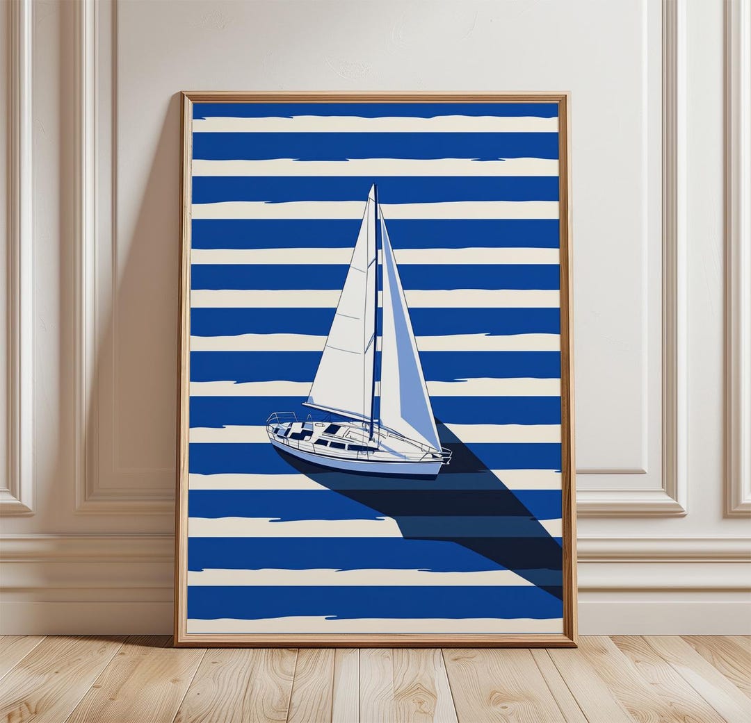 Sailboat Poster, Coastal Wall Art Print, Ocean Sailing Artwork, Blue ...