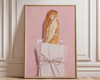 Französischer Baguette Druck, Rosa Küche Wandkunst, Paris Bäckerei Poster, Wunderliche Brot Illustration, Minimalistische Lebensmittel Kunst, Französisches Café Dekor