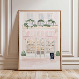 Paris Bakery Poster Print, French Patisserie Wall Art, Pastel Cafe Illustration, Pink Dessert Shop Decor, Whimsical Paris Street Scene