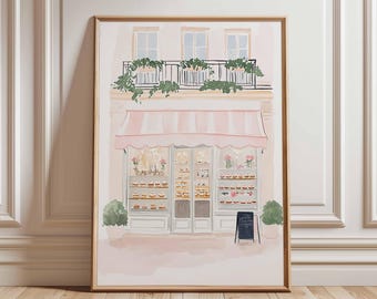 Paris Bakery Poster Print, French Patisserie Wall Art, Pastel Cafe Illustration, Pink Dessert Shop Decor, Whimsical Paris Street Scene