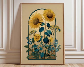 Sonnenblume Botanische Wand Kunst Druck, Vintage Stil Blumen Poster mit gelben Sonnenblumen und blauen Blumen, Rustikales Landhaus Cottagecore Dekor