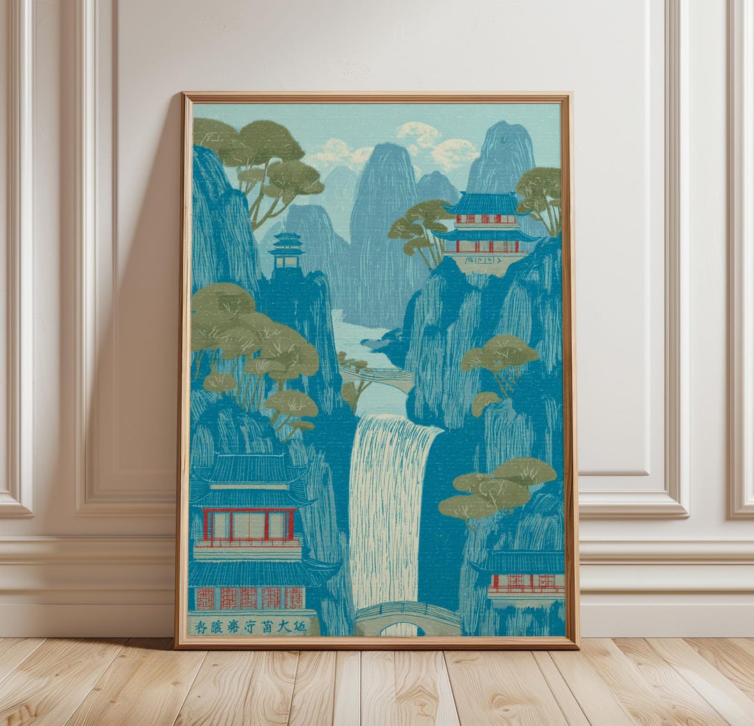 Blue Waterfall Wall Art Poster Asian Landscape Illustration Mountain ...