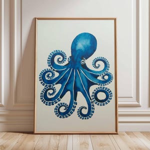 Blue Octopus Poster Print – Coastal Wall Art Ocean Animal Artwork Nautical Decor Marine Life Painting Sea Creature Watercolor Style
