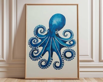 Póster de pulpo azul: arte mural costero, animales del océano, decoración náutica, pintura de vida marina, criaturas marinas, estilo acuarela