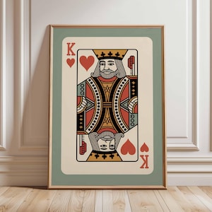 King of Hearts Poster, Vintage Playing Card Wall Art Print, Retro Casino Poker Room Decor, Mid Century Modern Game Artwork