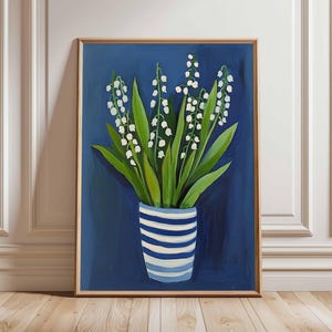 May include: A painting of a bouquet of white lily of the valley flowers in a blue and white striped vase against a dark blue background.