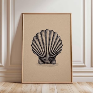 May include: A framed print featuring a detailed black and white illustration of a scallop shell. The artwork is set against a tan background and framed in a light wood. The shell's ribbed texture is clearly visible.