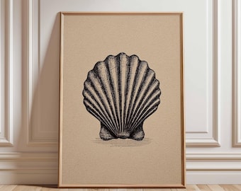 Vintage Seashell Print, Coastal Shell Poster, Nautical Wall Art, Black and Beige Beach Decor, Antique Sea Shell Illustration