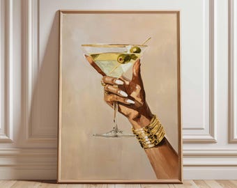 Póster elegante de copa de martini: arte mural glamuroso con una mano sosteniendo un cóctel, decoración de bar de moda, impresión moderna de champán para la cocina o el salón.