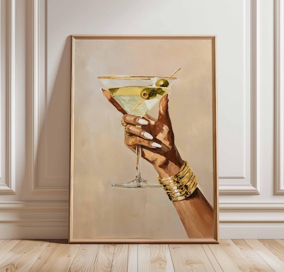 Chic Martini Glass Poster – Glam Wall Art with Hand Holding Cocktail, Fashion Bar Decor, Modern Champagne Print for Kitchen or Lounge