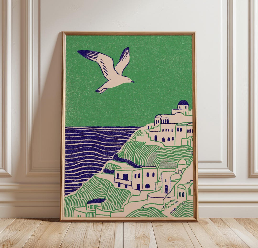 Blue Green Coastal Wall Art Poster Seagull Ocean Cliff Illustration ...