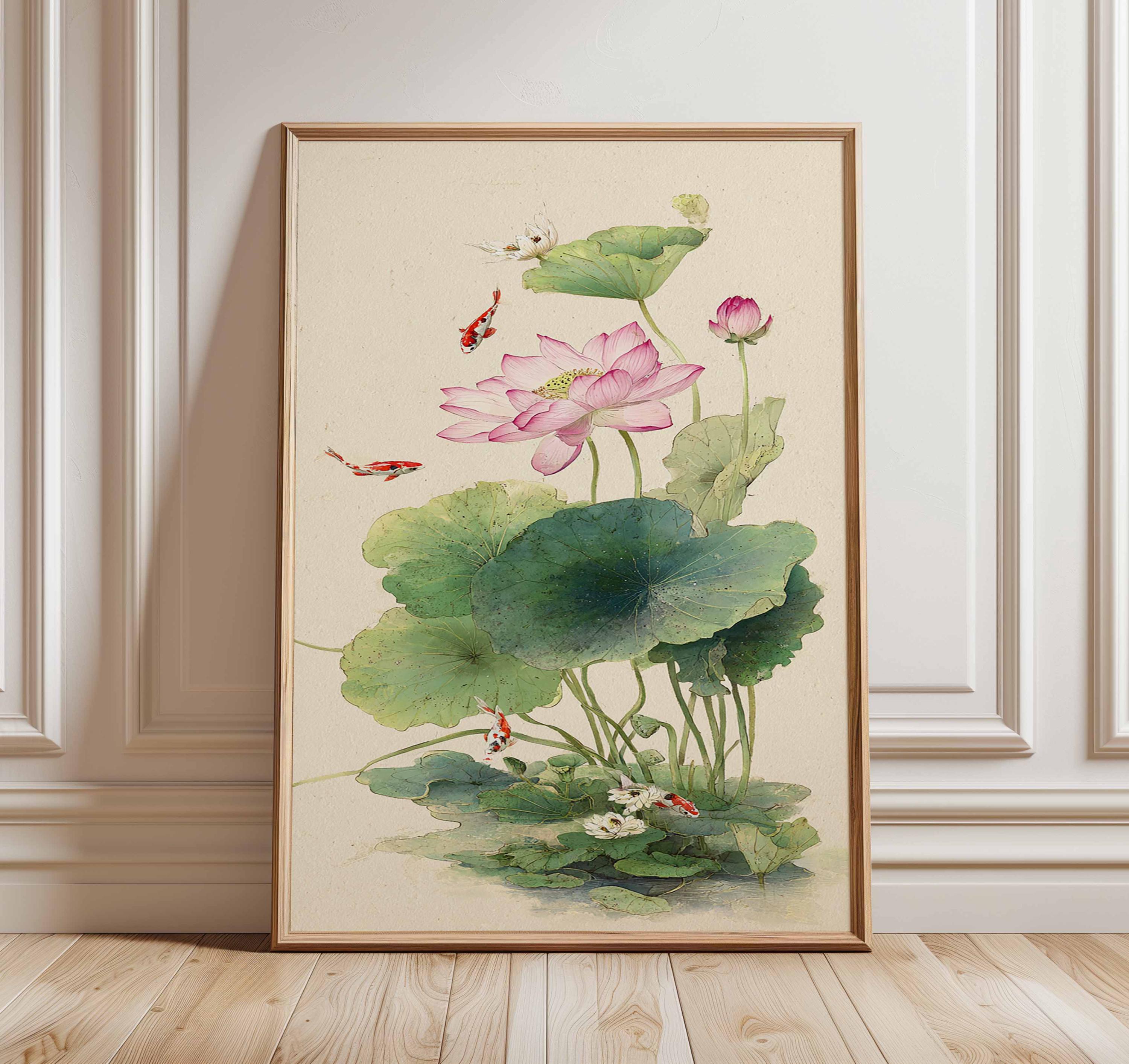 Lotus Flower and Koi Fish Poster, Japanese Watercolor Wall Art