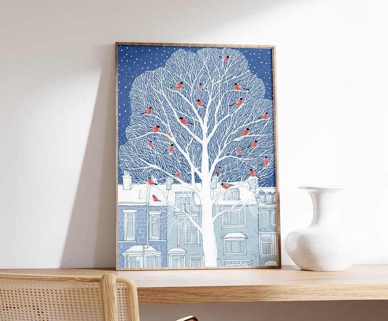 Winter Tree Art Print, Red Birds in Snowy Branches, Peaceful Seasonal ...