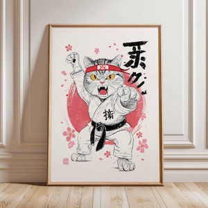Karate Katze Poster, Martial Arts Wand Kunst Druck, Japanische Katze im Kimono mit schwarzem Gürtel, süßes Anime Inspiriertes Karate Kunstwerk