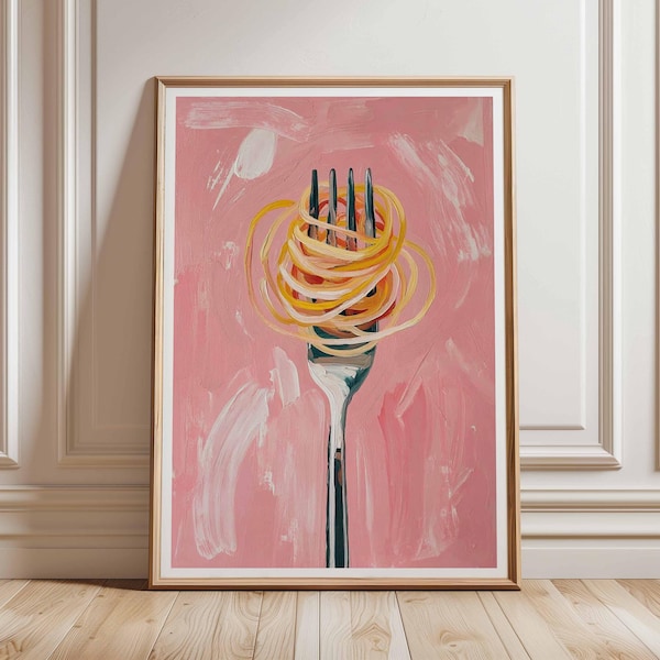 Pasta Wall Art Print, modern pink kitchen decor with spaghetti fork painting, abstract food artwork for dining room or Italian restaurant