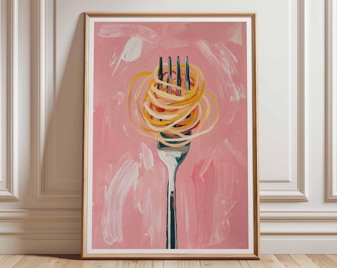 Pasta Wall Art Print, modern pink kitchen decor with spaghetti fork painting, abstract food artwork for dining room or Italian restaurant